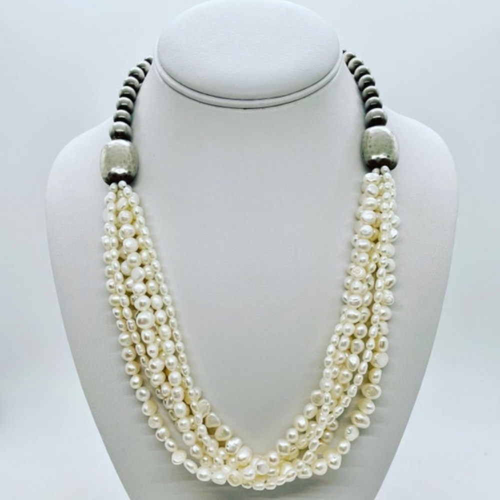 Retired Silpada multi strand freshwater pearl necklace w. sterling silver beads